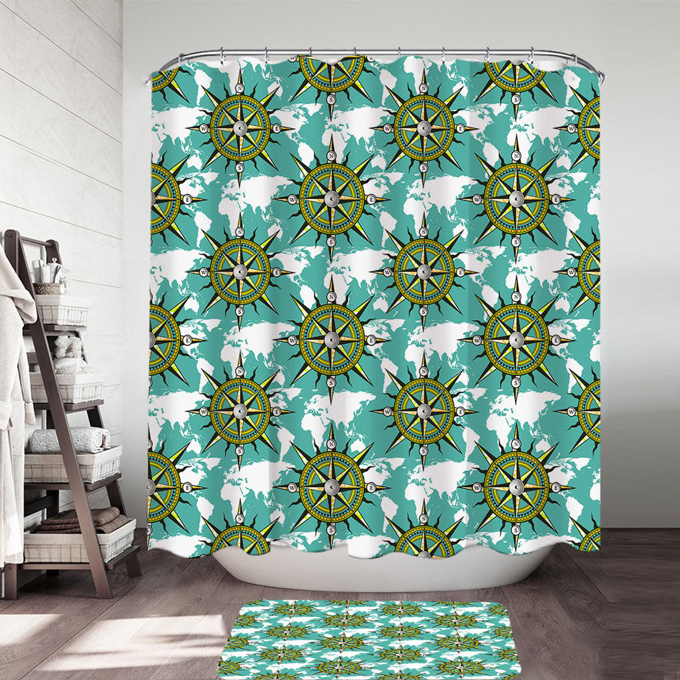 A Pattern of World Map and Compass Shower Curtain
