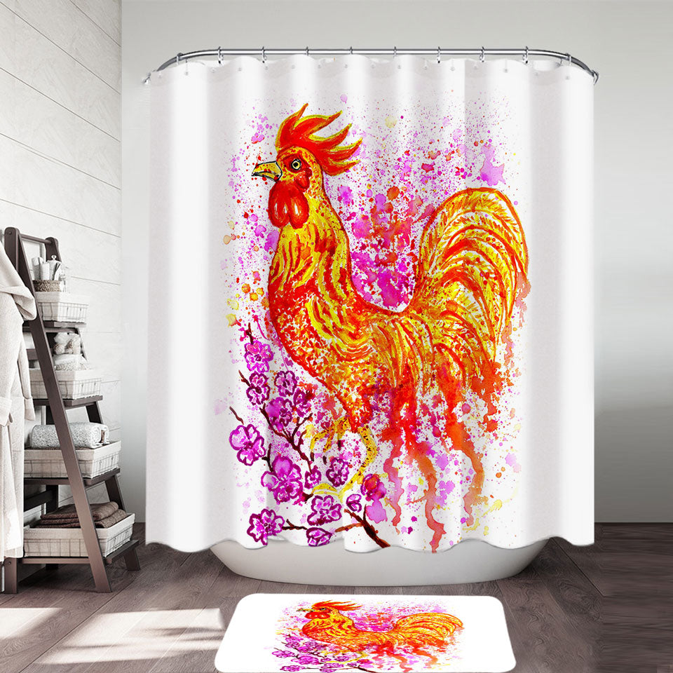 Art Painting Pink Flowers and Fire Rooster Shower Curtain