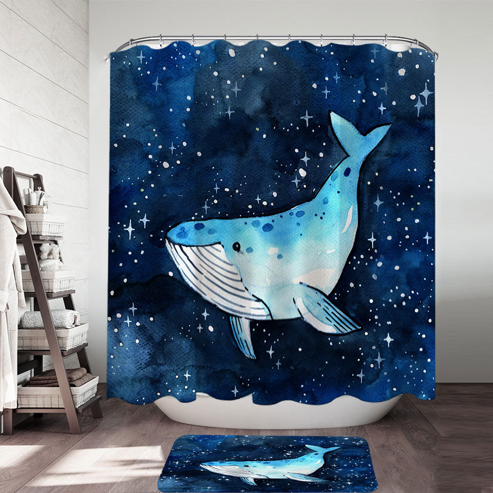 Art Blue Whale over the Night Skies Shower Curtain