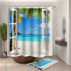 A Window to White Tropical Beach Shower Curtain