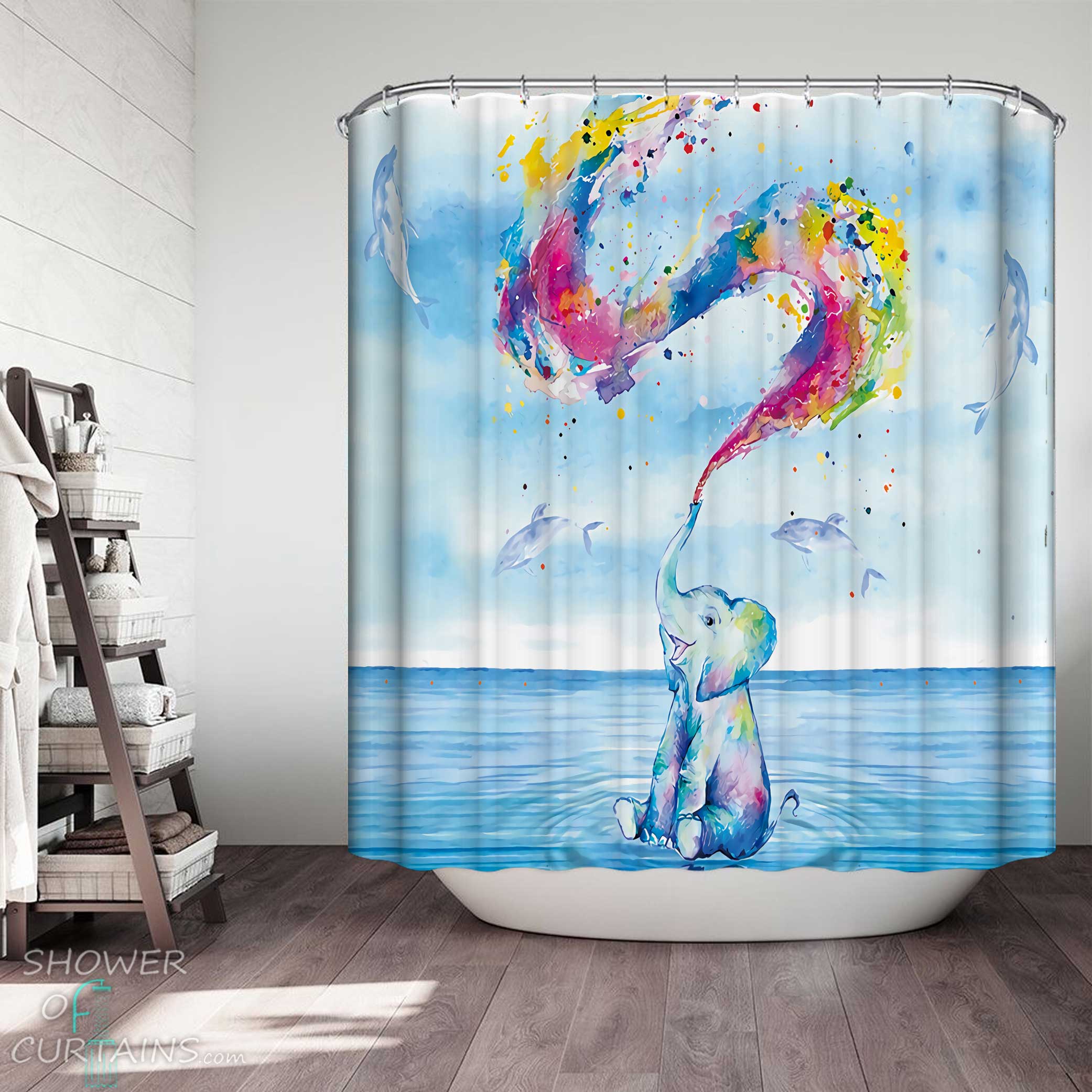 Adorable Elephant and Dolphins Shower Curtain