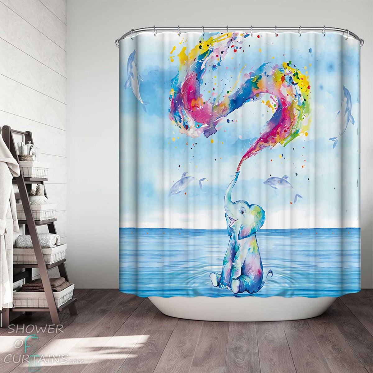 Adorable Elephant and Dolphins Shower Curtain