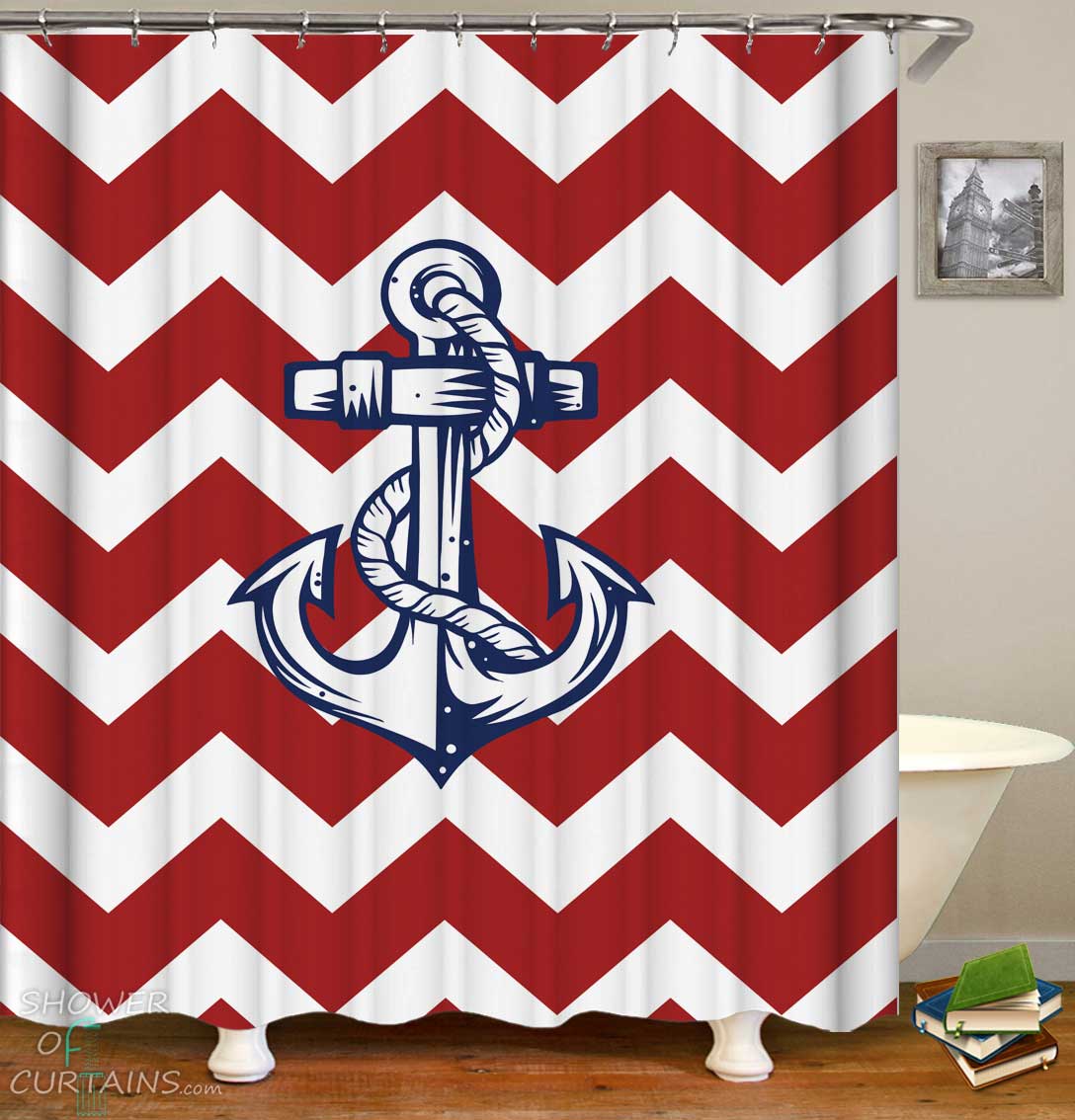 Anchor Red Chevron Shower Curtain