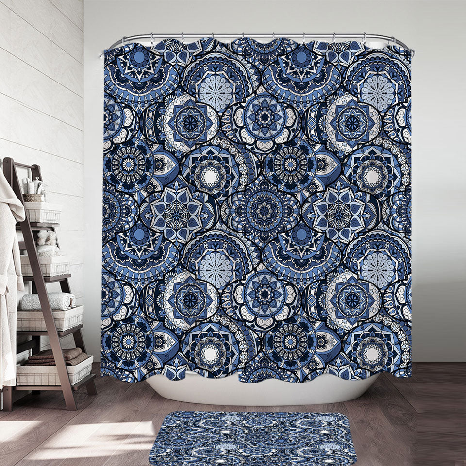 A Pile of Blue Oriental Mandalas Shower Curtain