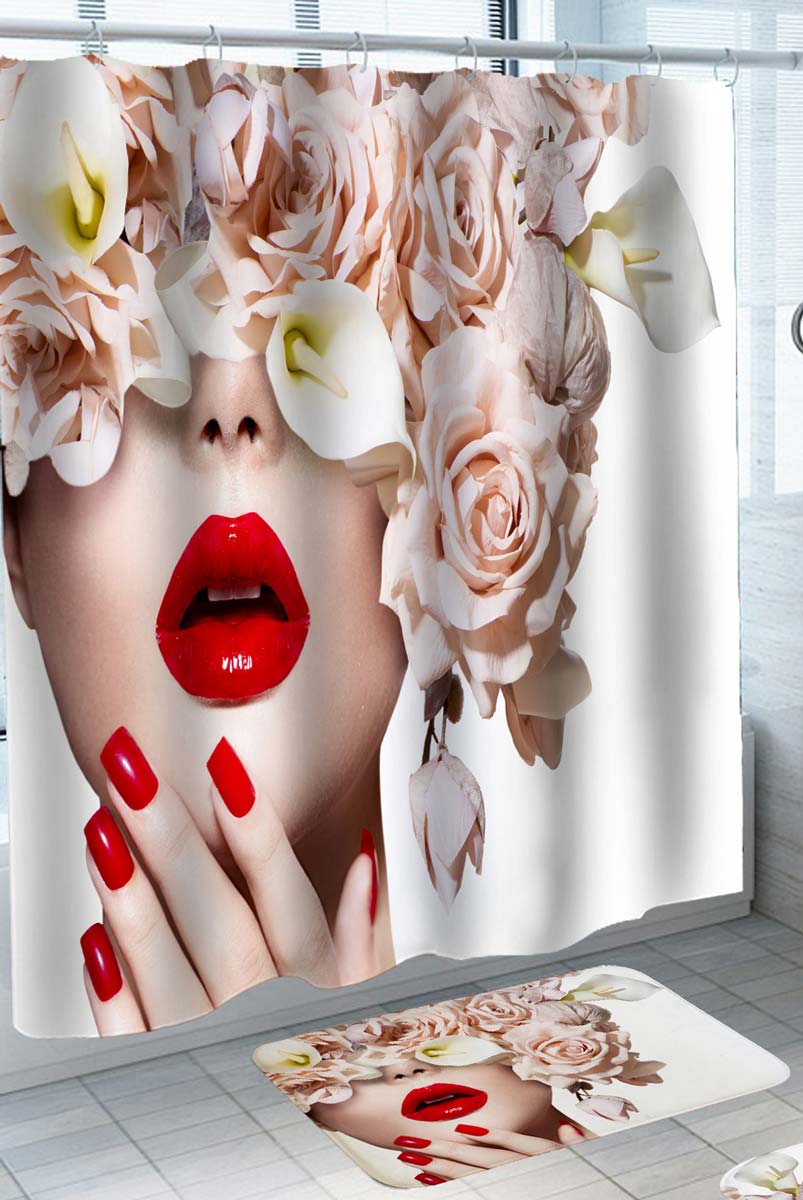 Artistic Roses Calla Red Lips and Nails Woman Shower Curtain